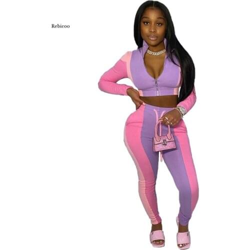 Sexy Women Club Outfits 2 Piece Set Plus Size New Patchwork Zip Crop Top + Long Pants Tracksuit