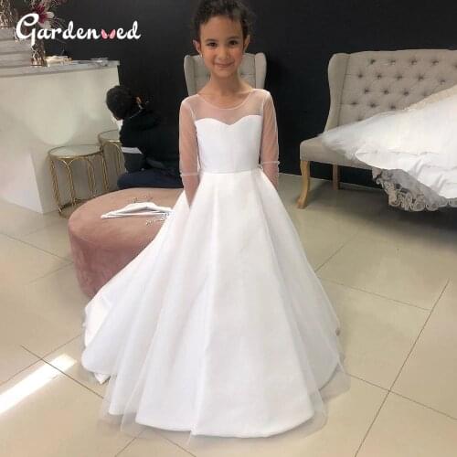 Simple White First Communion Dresses Illusion Satin Bow Baby Girl Dress Puffy Aline Princess Dress цветочные платья для девочек