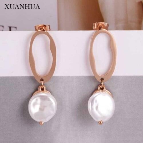 XUANHUA Rose Gold Pearl Earrings For Women Stainless Steel Jewelry Ladies Earrings Fashion Jewelry Accessories Free Shipping