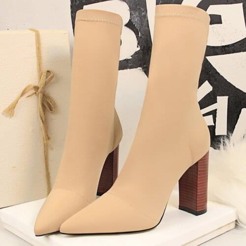 2021 Women Stretch Chunky Boots Block 9.5cm High Heels Fetish Green Ankle Boots Stripper Block Heels Silk Satin Spring Shoes