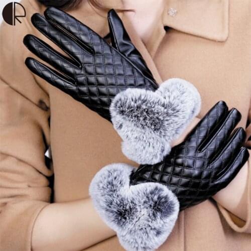 Women Winter Gloves Touch Screen PU Leather Gloves Rex Rabbit Warm Thicken Gloves Shape Of A Diamond AT387