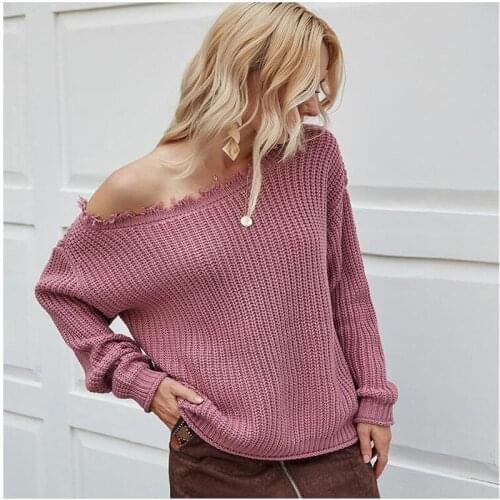 Babbytoro Women Sweater 2020 Autumn Christmas Off Shoulder Sexy Pullover Oversize Pull Homme Plus Size Sweaters Brown Purple