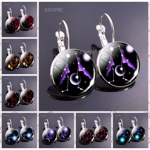 12 Constellation Sign Hoop Earring Fashion Zodiac Glass Cabochon Jewelry Earrings Women Hook Earring Leo Pisces Birthday Gifts