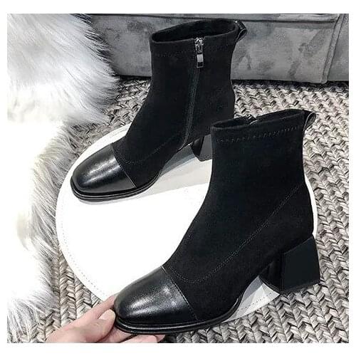 2021 Winter Designer Women Square Toe Sock Boots 5cm High Heels Stretch Fabric Ankle Boots Female Knitting Boots Plus Size Shoes