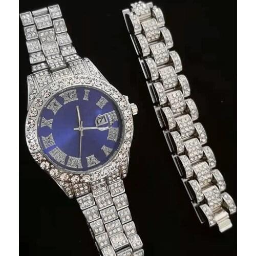 Bracelet Watch for Men Full Iced Out Luxury Quartz Wrist Watch Clock Blue Dail Rhinestone Bling Watch Men Set Religio Masculino