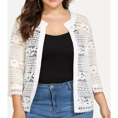 Plus Size Bust Women Top Ladies White Lace Blouse Summer Cardigan Coat Black Crochet Sexy Female Women Clothing Blouse Shirt 83F