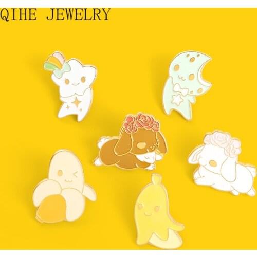 Rabbit With Corolla Enamel Pin Banana Mango Cookies Moon And Star Badges Brooches Cute Animals Jewelry Gift For Kids Friends