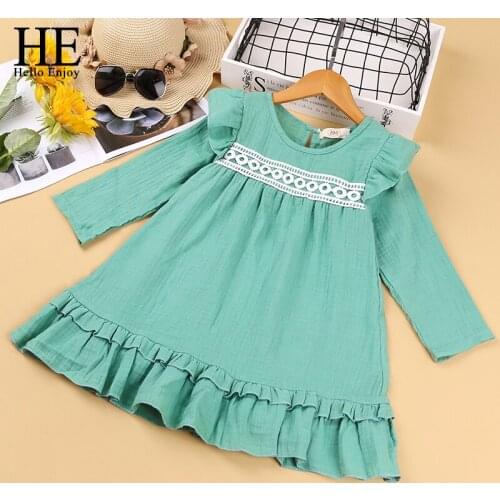 HE Hello Enjoy Girls Dress New Spring Autumn Flare- Sleeve Solid Color Ruffle Collar Cute Princess Dresses Toddler Kids Clothes