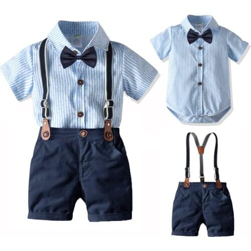 Cotton Boys Summer Newborn Clothes Set Birthday Dress Blue Infant Outfit Bow+ Rompers + Bib Shorts 3 Pieces Suit 0-24M