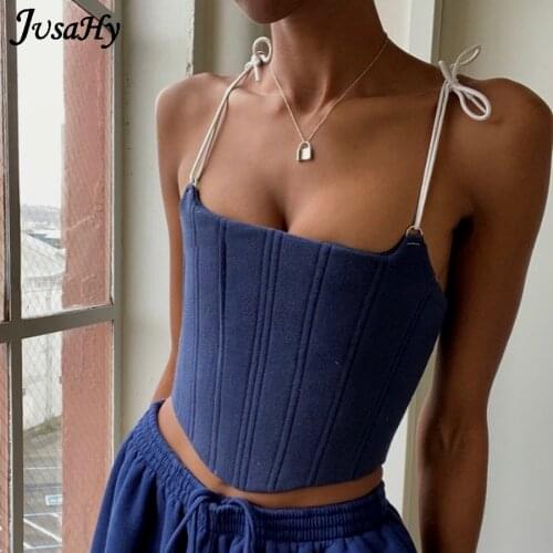 Jusahy Sexy StretchLace Up Corset Crop Tops Women 2021 Plush Solid Sleeveless Backless Clubwear Fashion Streetwear Camisole
