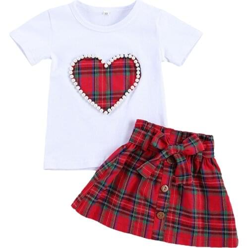 FOCUSNORM Xmas 1-5Y Infant Baby Girls Clothes Sets Plaid Print Pearl Short Sleeve T Shirts A-Line Skirts 2pcs