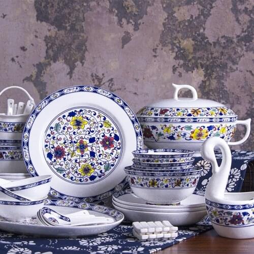 60 Pieces dinnerware set Guci High-grade Jingdezhen Ceramic Tableware Set Blue and White Gift Bone Porcelain Tableware