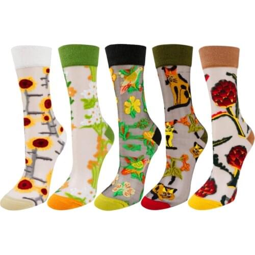 RMSWEETYIL Sheer Socks for Women Lace Fishnet Mesh Nylon Silk Tulle Transparent Funny Cute Flower Pattern Thin Girls Ankle Sock