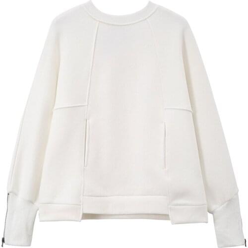 New autumn/winter 2020 pure color and velvet ladies hoodie loose pullover o-neck sweatshirt white long sleeve zip on sleves tops