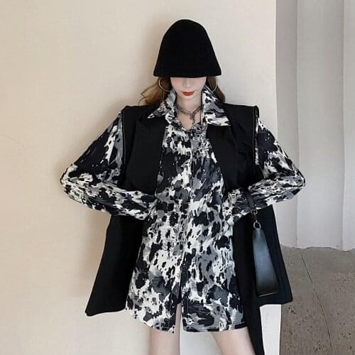 Fall New Plus Size Ladies Two-piece Harajuku Retro Long Sleeve Printed Shirt And Loose All-match Black Waistcoat Womens e054