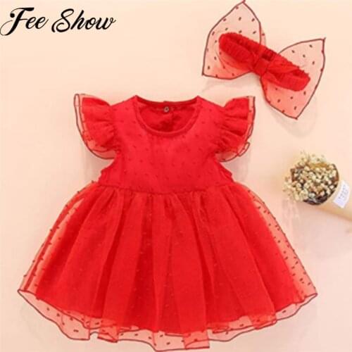Newborn Lovely Baby Girls Clothes 1st Birthday Fly Sleeves Round Collar Tulle Mesh Dress with Elastic Headband Baby Dresses