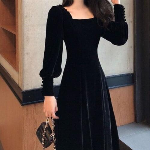 Autumn Winter Korean Style 2020 New Square Collar Mid-length Long-sleeved Velvet sexy Retro black Dress Female Slim Design Sense