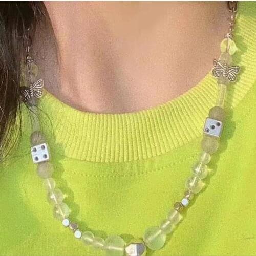 Hip Hop Transparent Frosting Beaded Butterfly Pendant Necklace For Men Women Punk Y2K Charm Screen Choker Necklace Jewelry Gifts