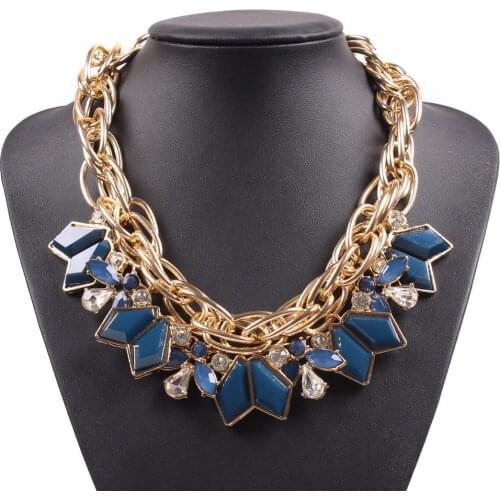 Fashion Brand Design Statement Gold Color Chain Necklace Crystal Stone Resin Pendant Choker Necklace for Women