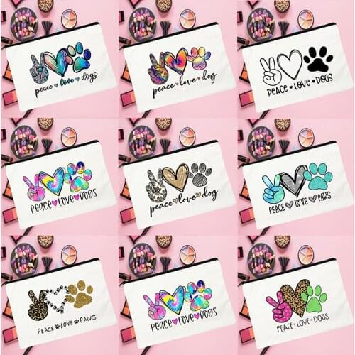 Peace Love Dog Paws Print Makeup Bags Travel Cosmetic Case Toiletries Organizer Storage Pouch Ladies Clutch Student Pencil Bags