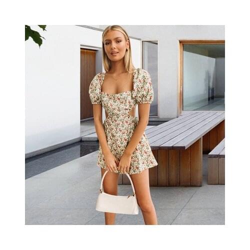 Summer Dress Print Short Sleeve Square Collar Hollow Out Back Lace Up Sexy Mini Dress Beach Holiday Elegant Party Bodycon Dress