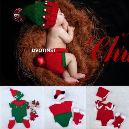 Dvotinst Newborn Baby Photography Props Cute Knit Crochet Christmas Outfits Bonnet 2pcs Set Fotografia Studio Shoots Photo Props