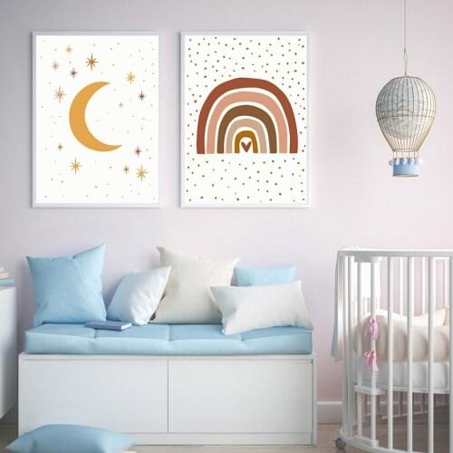 Scandinavian Style Cute Hand Drawn Moon Rainbow Nursery Wall Art Canvas Painting Posters and Pictures for Kids Room Decoration