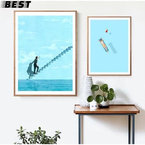 Estilo nórdico azul arte da lona sonho escada pintura cartazes e impressões flutuam sob o sol parede fotos para sala de estar de