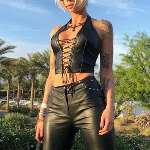 Gothic Punk Crop Top Women Crisscross Strap Sleeveless Corset Soft Slim Camisole Clubwear Streetwear Hollow Leather Vest Se J4X1