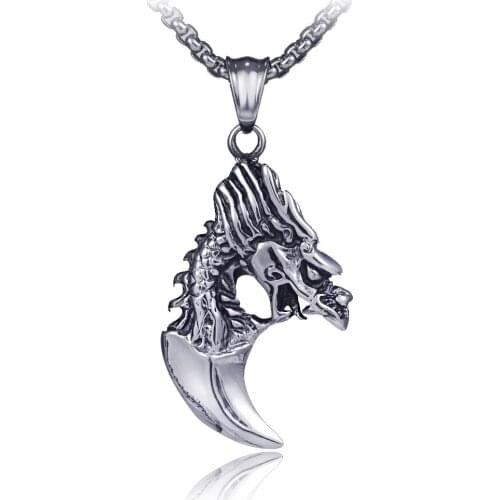 Vintage hip hop Dragon tooth pendant necklace men cadena hombre Box chain punk gothic stainless steel jewelry free shiping