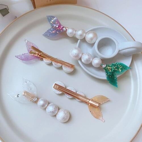 Simulated Pearl Beads Blue Purple Green Clear Yellow Fishtail Alloy Barrettes Hair Clips & Pins Bling Headwear For Women