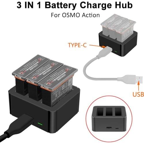For OSMO ACTION 3 in 1 Battery Charger Hub TYPE-C Input 4.35V Lithium Charging Kit for DJI OSMO ACTION Accessories Battery