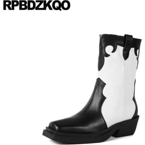 Handmade Shoes Wide Calf Patchwork Mid Black And White Chunky Slip On Square Toe Women Cowgirl Western Boots Cowboy Girls 2021