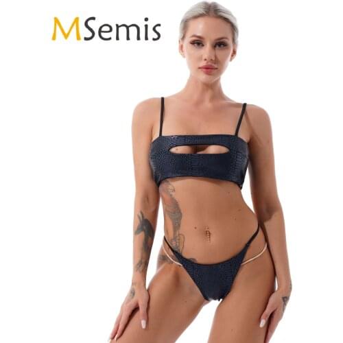 Womens Shiny Snakeskin Printed Sexy Bikini Set Adjustable Spaghetti Strap Crop Top with G-string Thong Bikini Swimwear Swimsuit