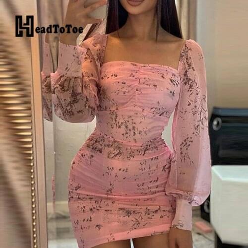 Floral Long Sleeve Square Neck Ruched Bodycon Dress Women Elegant Slim Mini Dress