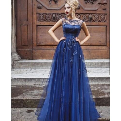 Nave Blue Evening Dress A-Line 2020 Floor Length Hand Flowers Scoop Sleeveless Party Gowns Formal Women Court Train Elegant
