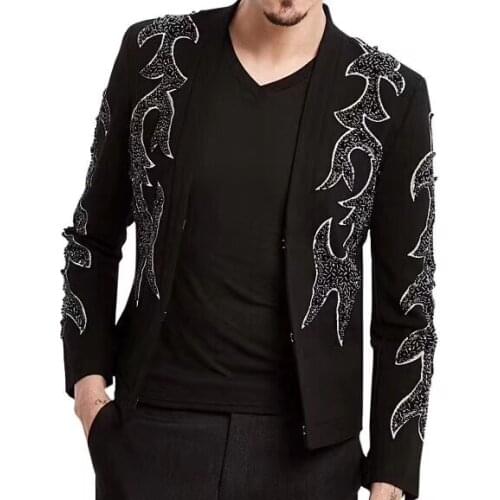 100%real luxury mens black beading sewing fashion red carpet jacket club/stage performance/studio/Asia size/this is only jacket