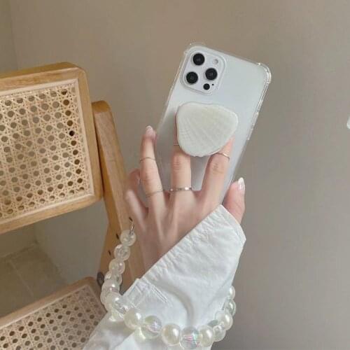 Korean Pearl Bracelets chain Conch Holder Stand Transparent Phone case for iphone 12 Pro Max MiNi 11Pro XR X XS 7 8 Plus SE 2020