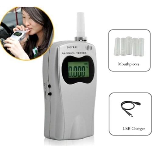 Digital Breath Alcohol Tester 5 Mouthpieces Breathalyzer With LCD Screen Professional Alcohol Detector Powered By USB Charger