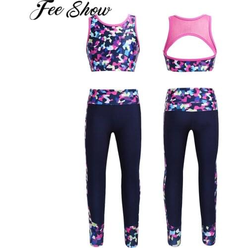 Kids Girls Yoga Sets Sports Outfits Exercise Fitness Gymnastics Tracksuits Sleeveless Mesh Tanks Top with Leggings Clothes Sets