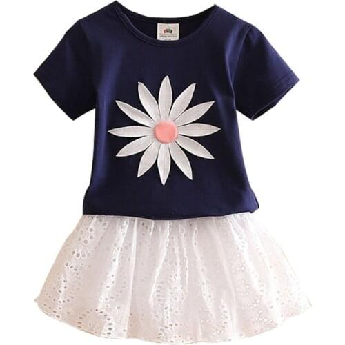2018 Summer 3-10 Years Kids Girl Birthday Party Elegant Princess Embroidery Floral T Shirt+Hollow Out Skirt 2 Piece Dress Sets