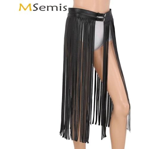 Women Harajuku Long Tassel Skirt Belt Wetlook PU Leather Waistband Skirt Nightclub Sexy Pole Dance Rave Gothic Punk Skirt Girdle