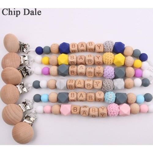 Chip Dale Custom Name Beech Wood Beads Dummy Clip Pacifier Chain Holder Natural Organic Crochet Bead Anti-drop Chain Baby Gifts