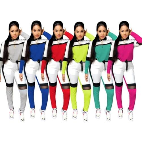 Two Piece Set Women Sport Set Gray Red Green Plus Size Mesh Stitching Top + Pants Set 2020 New Autumn Winter Fashion Sweatshirts