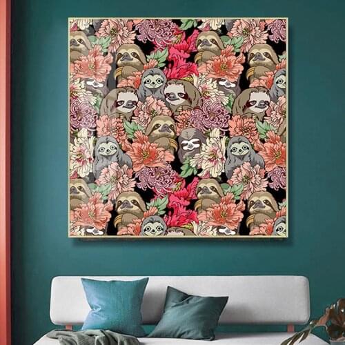 Many Sloths Abstract Animal Plants Canvas Painting Impressionist Poster Print Interior for Living Room Home Decor