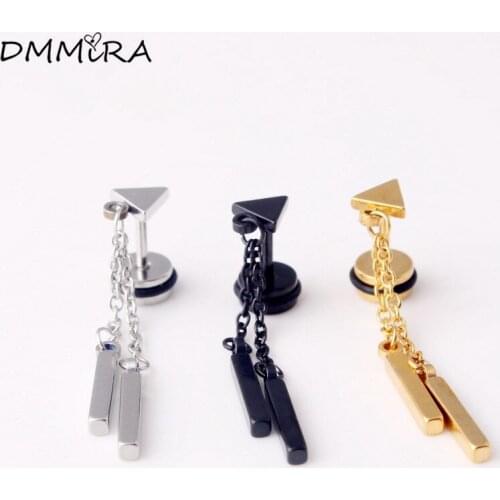 Fashion Punk Color gold Black Triangle Titanium Steel Women Men Dumbbell Stick Small Triangle Chain Earrings Brincos Jewelry