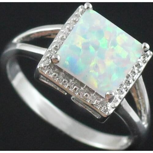 Wholesale Retail Silver Plated Four Claw Inlay White Pink Blue Fire Opal Rings Size 6 7 8 9