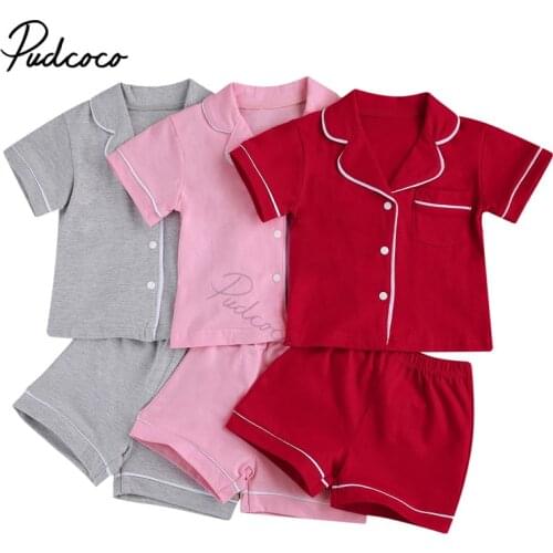 1-7Y Little Boy and Girls 2-piece Pajama Suit, Childrens Solid Color Short Sleeve Button Top, Short Pants Suits