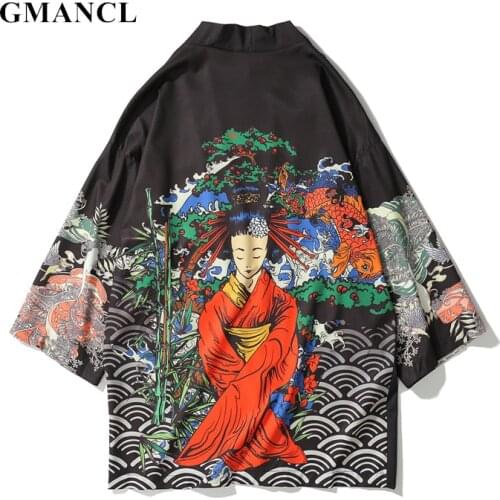 Japanese Ukiyo geisha Printed Kimono Cardigan Jackets 2019 Spring summer Men Harajuku Japan Style Casual Streetwear Outwear Coat