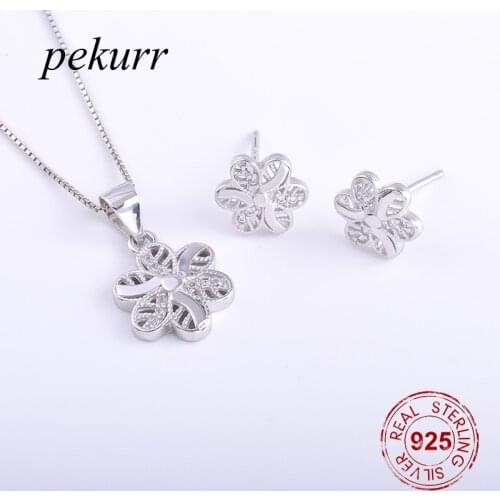 Pekurr 925 Sterling Silver Hollow Petal Clove Flower Earrings Necklace Sets For Women Zircon Flower Pendants Jewelry Sets